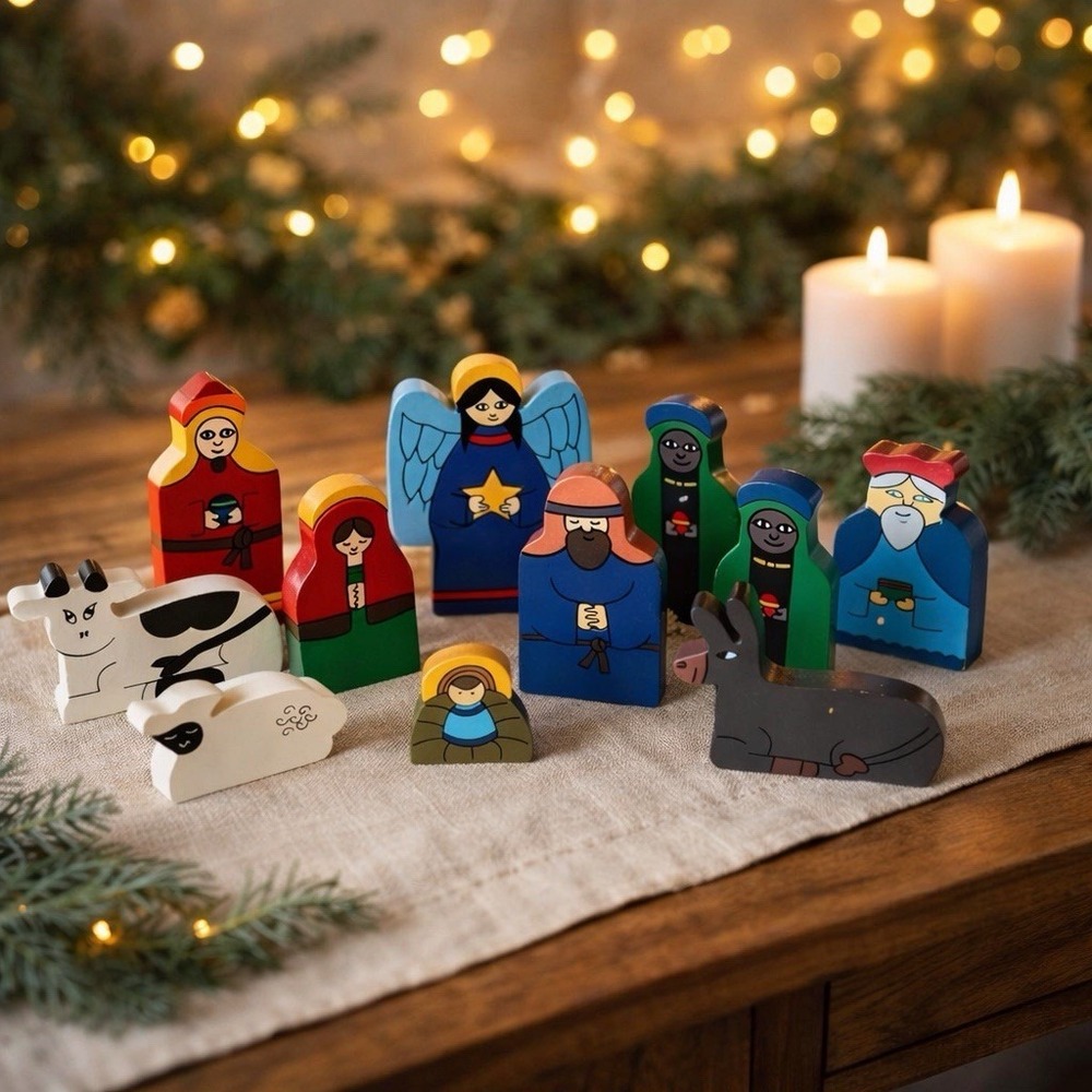 Gospel House Wooden Nativity Set 10 Pc Hand Painted Christmas Manger Folk Art
